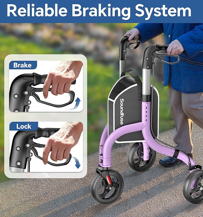 SOUNDFUSE 3 Wheel Walkers for Seniors, Lightweight Foldable Aluminum Rollator Walker, Height Adjustable Three Wheel Walker, Purple