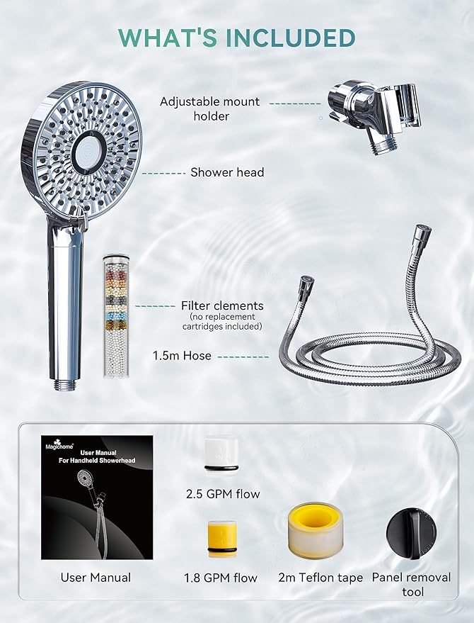 Magichome Filtered Shower Head with Handheld, High Pressure 10-Spd Detachable Chrome Showerhead with Stainless Hose, Water Softener Filter Beads for Hard Water - Remove Chlorine, Reduce Dry Itchy Skin