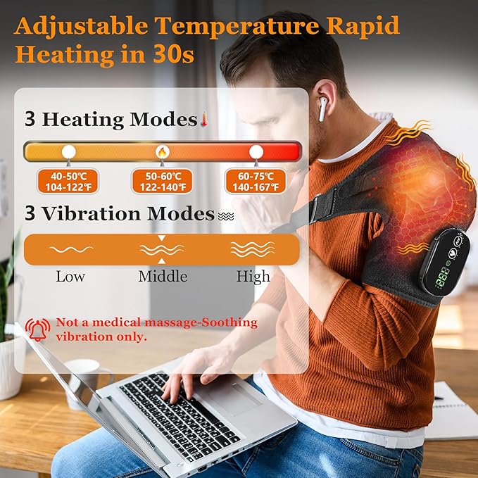 Cordless Shoulder Heating Pad & Massager, Electric Heated Shoulder Brace Wrap, Heating Pads for Rotator Cuff and Frozen Pain Relief,5000mAh Chargeable Powered, Men & Women, Black