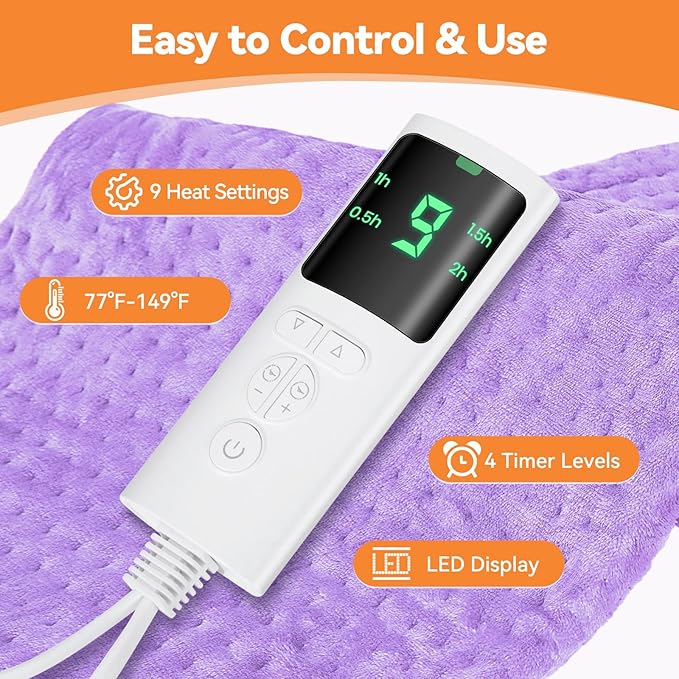 Heating Pad for Back Pain, 17"x33" Electric Heat Pad with 9 Heat Levels & 4 Auto-Off Timers, Portable Heating Pad for Period Cramps, Shoulder, Neck, Machine Washable, Gifts for Women Men, Purple