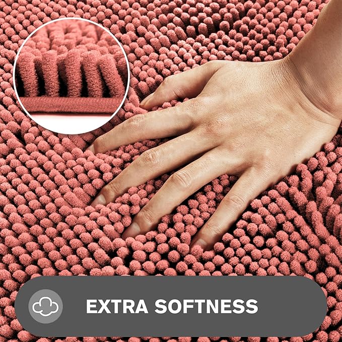 Coral Bathroom Rugs – Absorbent and Washable Bath Mat, Non-Slip, Thick Soft Chenille Bath Rugs for Bathroom, Kitchen, Shower, Sink - 20" x 32"