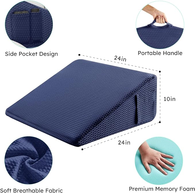 Bedluxe Wedge Pillow, 10 inch Bed Wedge Pillow for Headboard, Pillow Wedge for Acid Reflux Relief, Sleeping, After Surgery, Snoring, Gerd, Triangle Pillow Wedge - Cooling Memory Foam Top, Navy