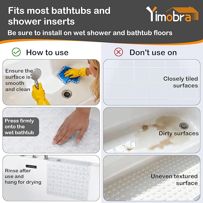 Yimobra Bathtub Mat Non Slip, 27.5"x15.5" Machine Washable Shower Floor Mat, Soft on Feet, Bathmat with Drain Holes and Suction Cups, Bathroom Essentials, Clear