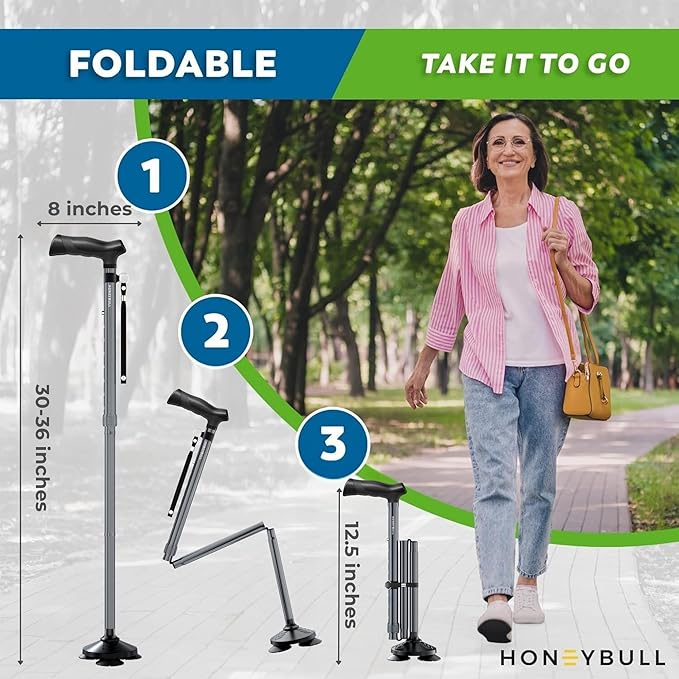 HONEYBULL Walking Cane for Men & Women Foldable, Adjustable, Heavy Duty, Free Standing, All Terrain, Collapsible Walking Sticks for Seniors & Adults