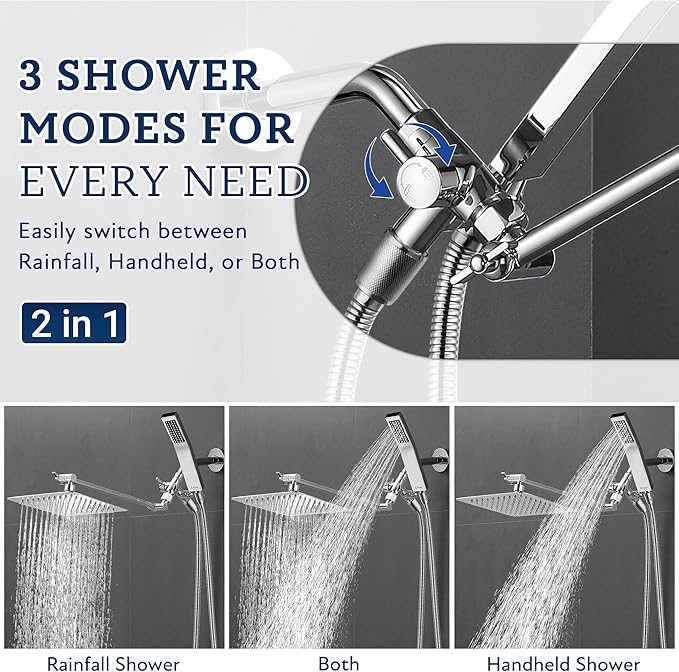 G-Promise All Metal 10" Dual Square Shower Head Combo | Rain Shower Head | Handheld Shower Wand | Adjustable | Smooth 3-Way Diverter | 71" Extra Long Hose - A Bathroom Upgrade (Chrome)