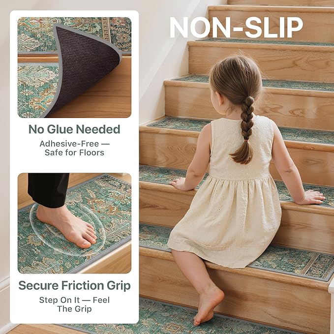 Non Slip Stair Treads for Wooden Steps 15PCS - 8"x30" Indoor Safety Carpet, Edging Mats with TPE Adhesive Backing, Pet and Elderly Friendly Stair Rugs (Sage/Gold)