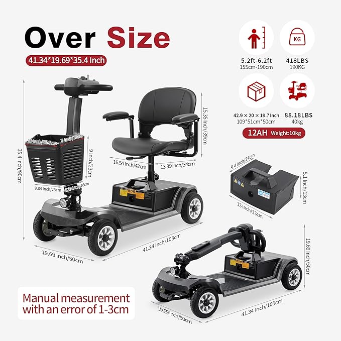 Easy-to-Operate Mobility Scooter for Seniors, 418 lb Weight Capacity, 20KM Long Range, 5-Step Quick Assembly & Folding, FDA Registered