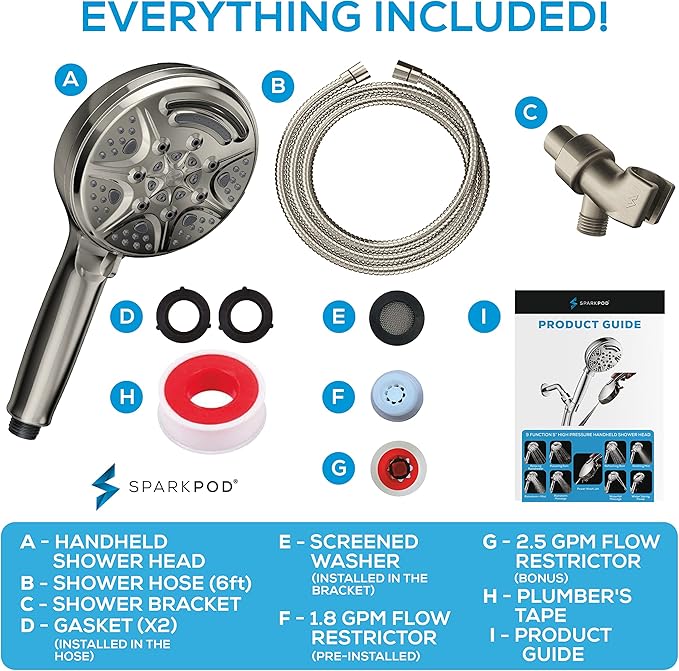 SparkPod 5 Inch Handheld Brushed Nickel Shower Head - 9 Spray Settings With On/Off Switch - Pulsating Rain Mode - Feeling Of An Oasis - Auto-Resets After Every Use - Resort Quality - Durable