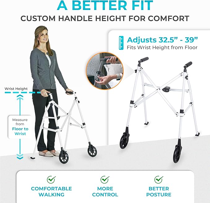Stander Space Saver Walker, Lightweight Folding Rolling Mobility Aid for Seniors & Adults, Compact 2-Wheel Disability Device with 6-inch Wheels & Ski Glides for Walking Support, Vivid White