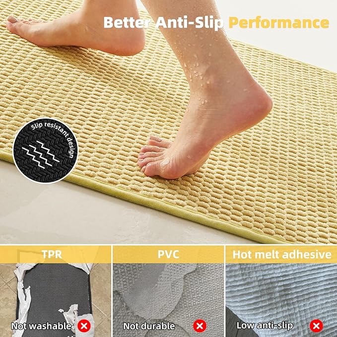 TYUU Bathroom Runner Rugs, Long Bath Mat Runner Washable Thin Quick Dry Low Pile Bathroom Runner Rugs Non Slip, Yellow 24"x70"