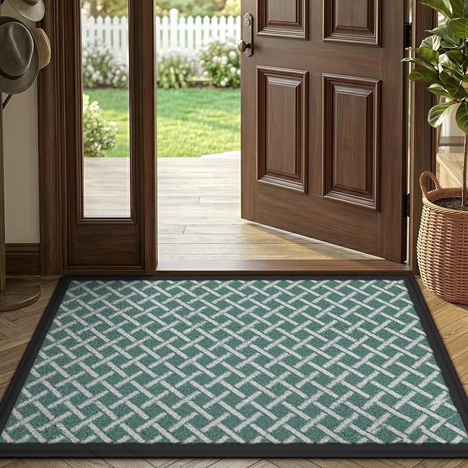 LUMI Front Door Mat 24x36, Low-Profile Non-Slip Welcome Mat for Indoor Outdoor, Stain & Fade Resistant Geometric Door Mat for Entryway Patio Porch, Grid-Teal