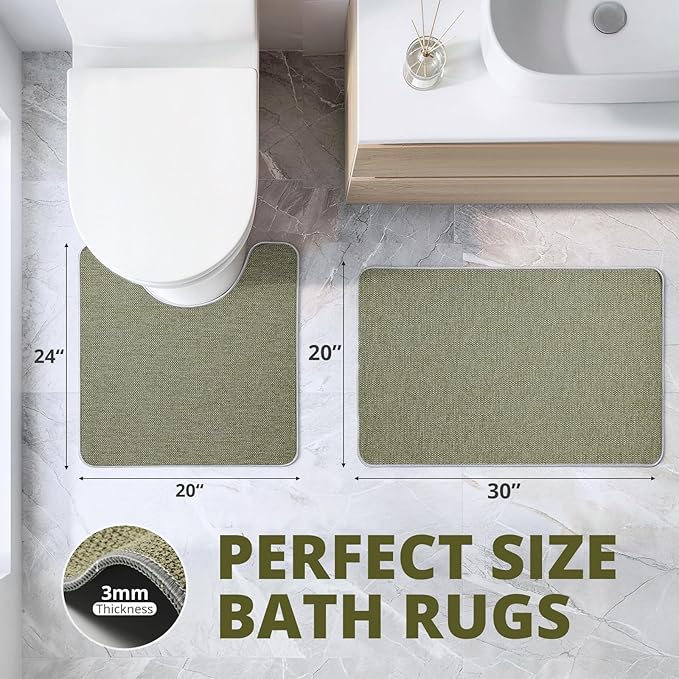 Bathroom Rugs Sets 2 Piece, Thin Bath Mat & U-Shaped Contour Toilet Rug Absorbent Quick Dry, Machine Washable, Non Slip Low Pile Bath Mats for Bathroom/Tub/Sink/Shower (30"x20" +24"x20" U, Sage Green)