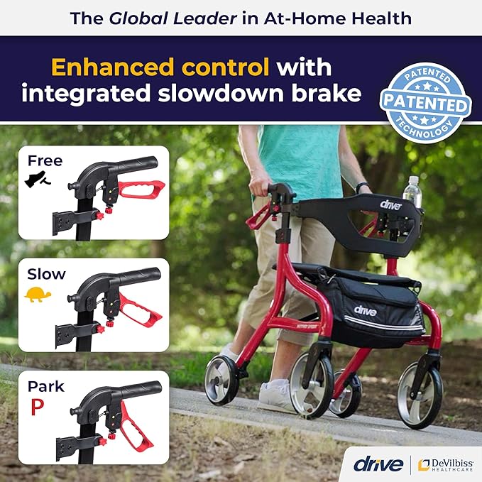 Drive Medical Nitro Sprint Foldable Rollator Walker with Seat - Lightweight Support - Large Wheels - Compact Folding Design - Adjustable Comfort - Standard Size - Red
