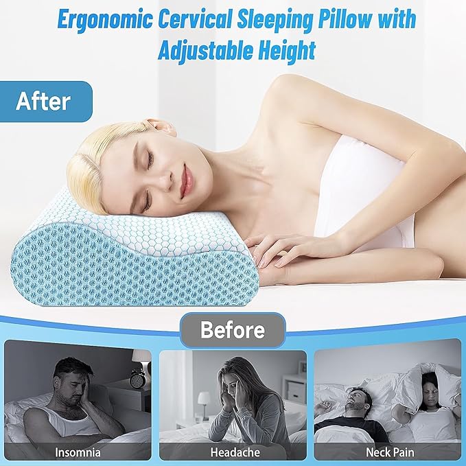 CloudBliss Memory Foam Pillow, Ergonomic Neck Contour Cervical Pillow for Back and Shoulder Pain, Orthopedic Pillow for Neck Pain Relief, for Sleeping Side, Back, Stomach Sleepers - Blue, Queen