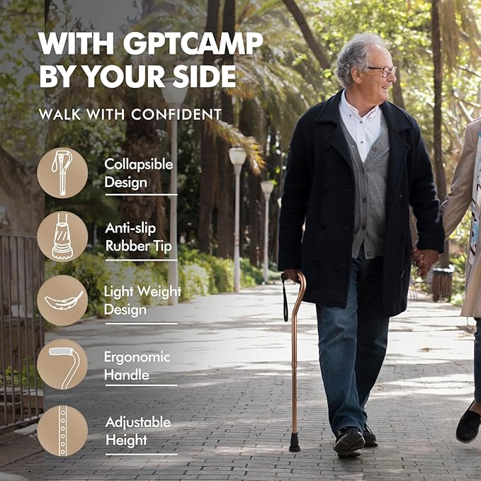 GPTCAMP Walking Cane and Walking Stick for Men Women,Lightweight Folding Canes with Offset Soft Cushioned Handle,Adjustable & Collapsible,Mobility & Leg Surgery Recovery