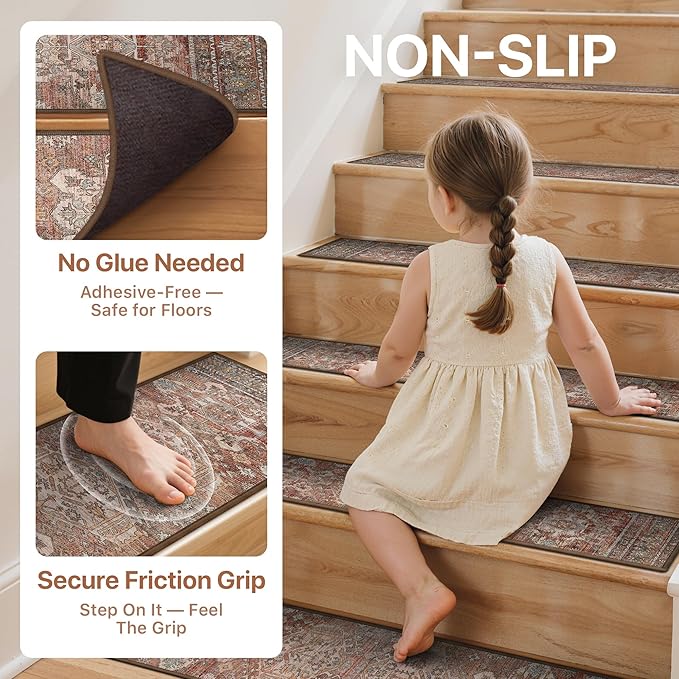 Non Slip Stair Treads for Wooden Steps 15PCS - 8"x30" Indoor Safety Carpet, Edging Mats with TPE Adhesive Backing, Pet and Elderly Friendly Stair Rugs (Brick)