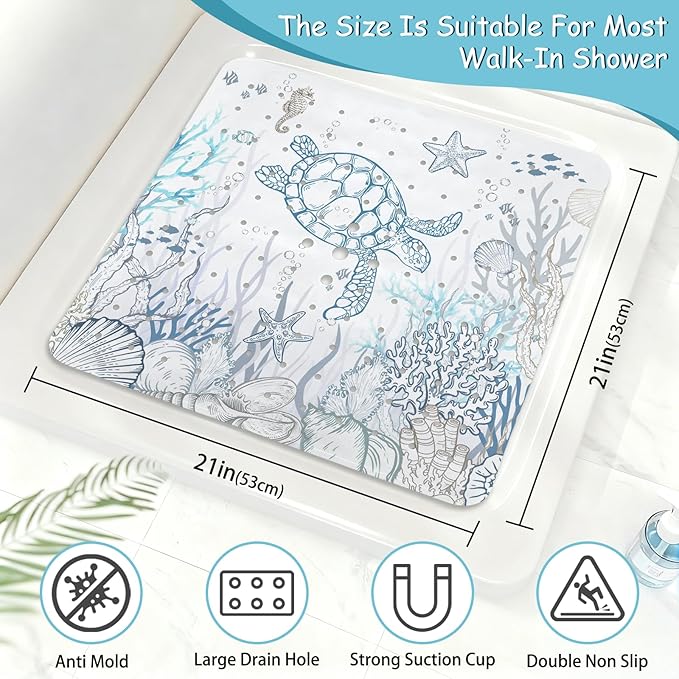Sea Turtle Square Anti Slip Shower Mats for Inside Shower Accessories, Cute Bath Mats for Bathroom Non Slip Shower Floor Mat Decor Rubber Bathmat With Suction and Drain Holes Machine Washable, 21″X21″
