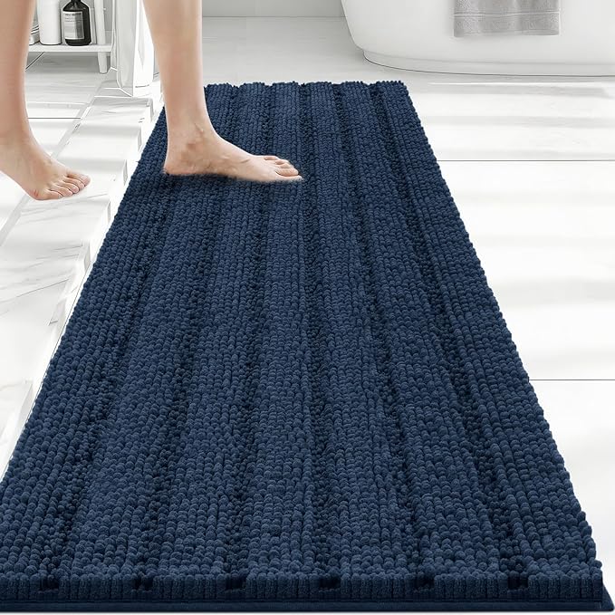 Bcoimo Long Bathroom Rug, Chenille Bath Runner with High Low Pile Design, Soft Absorbent Non Slip Bath Mat, Machine Washable Quick Dry Rug for Shower, Tub, Sink and Vanity