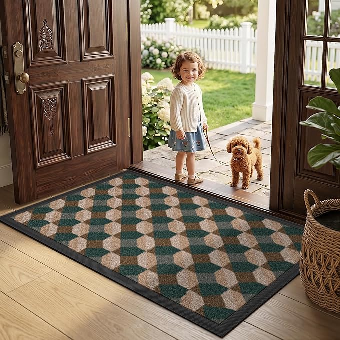 LUMI Front Door Mat 24x36, Low-Profile Non-Slip Welcome Mat for Indoor Outdoor, Stain & Fade Resistant Geometric Door Mat for Entryway Patio Porch, Geo-Olive
