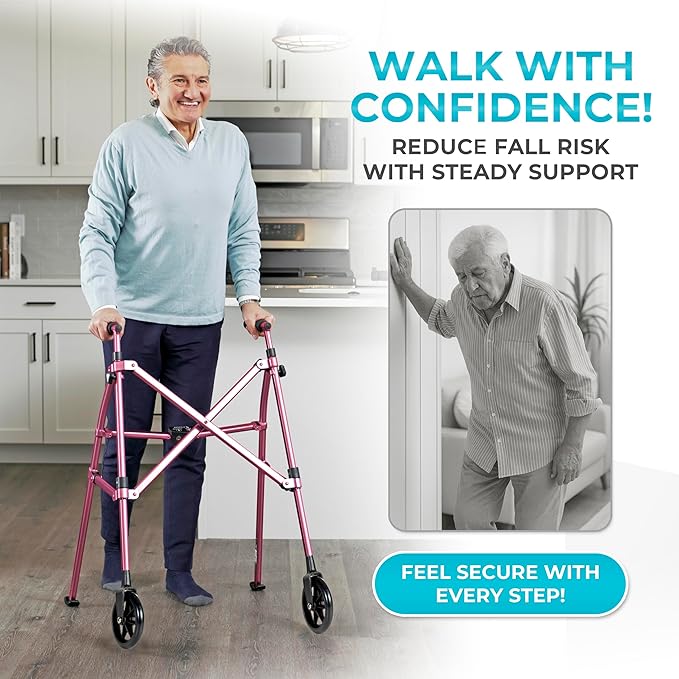 Stander Space Saver Walker, Lightweight Folding Rolling Mobility Aid for Seniors & Adults, Compact 2-Wheel Disability Device with 6-inch Wheels & Ski Glides for Walking Support, Regal Rose