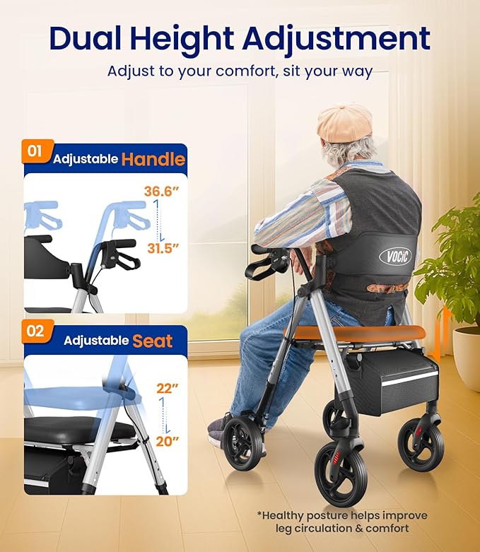 VOCIC Walkers for Seniors, Z21 Rollator Walker with Seat Supports 350lb, 8" Big Wheels for All Terrain, Ergonomic Arc Seat & 6" Ultra Backrest Foldable Walker, Dual Height Adjustment, Lightweight 2026