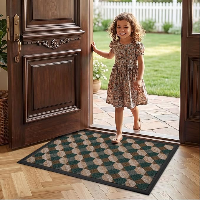 LUMI Front Door Mat 17x30, Low-Profile Non-Slip Welcome Mat for Indoor Outdoor, Stain & Fade Resistant Geometric Door Mat for Entryway Patio Porch, Geo-Olive