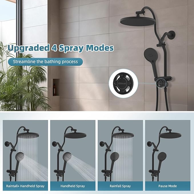 Hibbent Upgraded cUPC Certified Self-cleaning Shower Head Combo, High Pressure 10'' Rain Showerhead with 3-Spray Handheld, All Metal Arm with Easy Reach 4-way Diverter, 71" Hose & Holder, Matte Black