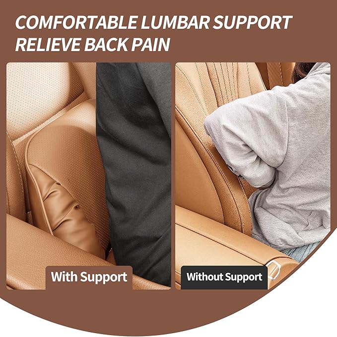 Lumbar Support Pillow for Car Seat, Memory Foam Leather Lumbar Pillow for Lower Back Pain Relief - Back Cushion for Driving - Chair Support for Office Chair, Palomino Brown, 1 Pack