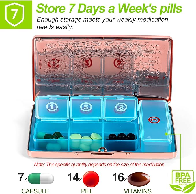 Pill Organizer with 3 Compartments 7 Day Metal Pill Box for Fish Oil/Food Supplements Travel Pill Box. (Rectangle-Pink, Large Rectangle)