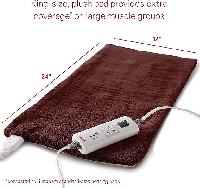 Sunbeam XL Back Neck and Shoulder Heat Therapy 12 x 24 with Auto Shut Off 6 Settings Machine-Washable Comfortable Microplush Fabric - Burgundy,(Pack of 6)
