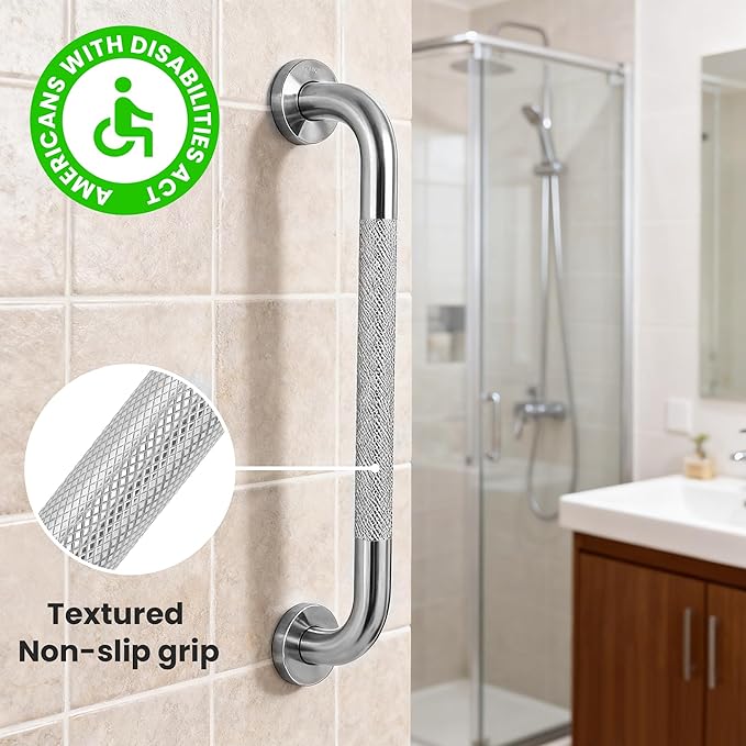 2 Pack Shower Grab Bars for Seniors, 24 Inch Extended Wall Mounted Handicap Grab Bars, Knurled Bathroom Balance Bar,Durable Brushed Stainless Steel Safety Rail for Full Support to 500lbs
