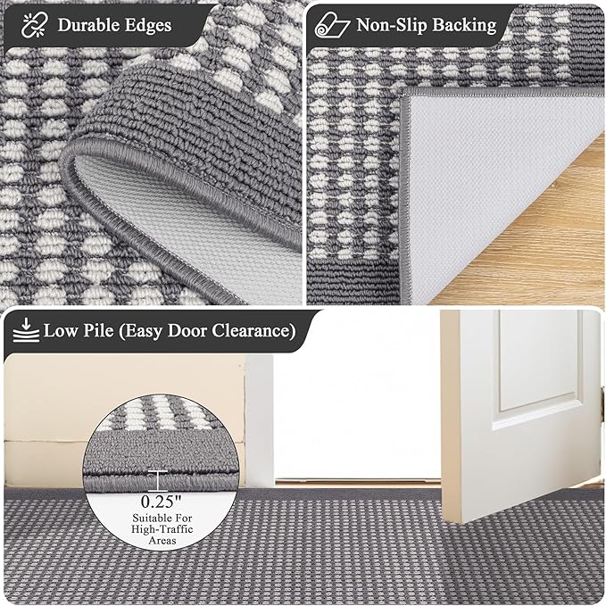 Ileading Runner Rug for Hallways 2.6'x10' Heavy-Duty Durable Entryway Floor Mat with Non Slip Rubber Backing Low-Pile High Traffic Carpet Machine Washable Accent Rugs for Kitchen(Grey)