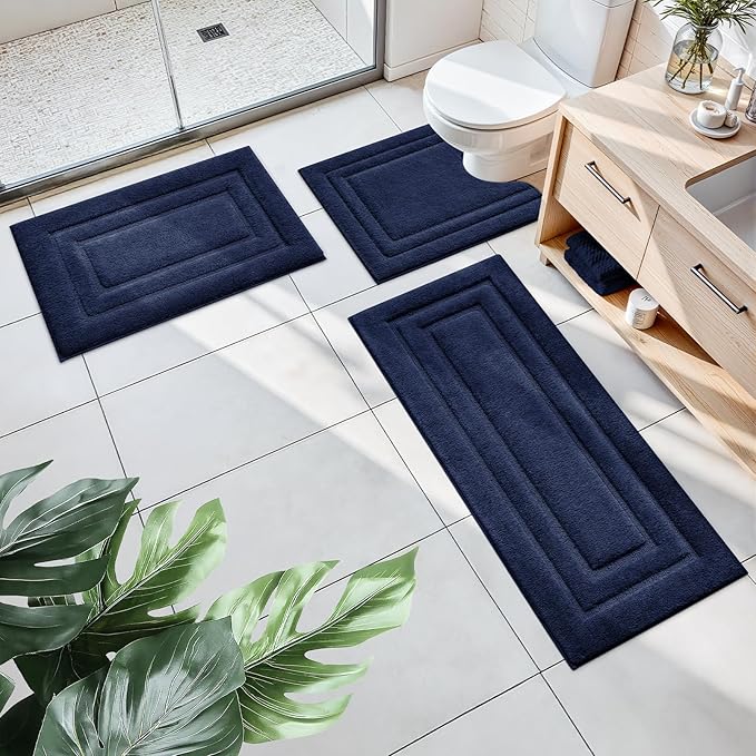 HOMEIDEAS Bathroom Rugs Sets 3 Piece, Microfiber Shaggy Bath Mat Set, Non-Slip Ultra Soft Carpet Mats, Large Rugs with U-Shaped Toilet for Bathroom, Tub, Shower,Navy Blue
