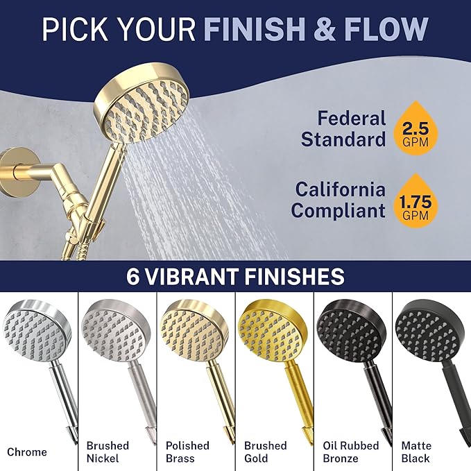 HammerHead Showers® Solid Metal LOW FLOW Handheld Shower Head with Hose and Brass Holder - POLISHED BRASS – Water Saving 1.75 GPM Detachable Shower Head - Adjustable Shower Wand Bracket & 6ft Hose