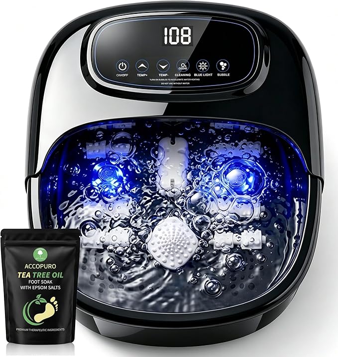Foot Soaking Tub with Ozone UV, Foot Spa Bath Massager with Heat and Bubbles, Custom Temp Control, Pressure Rollers for Tired Feet, Gift Set for Parents Couples (Black)