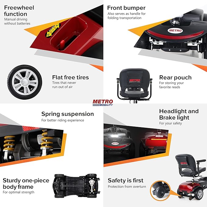 Metro Mobility 4 Wheel Foldable Mobility Scooter for Adults - 300 lbs Capacity Electric Mobility Scooters for Seniors, Travel - Long Range Power Extended Battery with Charger and Basket - Red