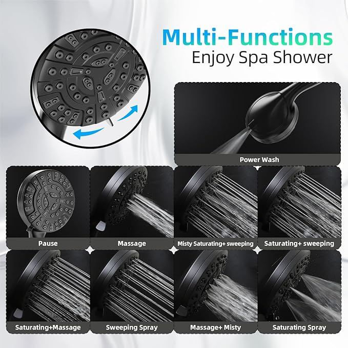 BESAQUO Shower Head,10 Functions High Pressure shower head with handheld, Built-in Pause Mode & Power Wash, Non-Clogging Nozzles High Flow Hand Held Shower Head, Leakproof 6ft Hose&Adjustable Bracket