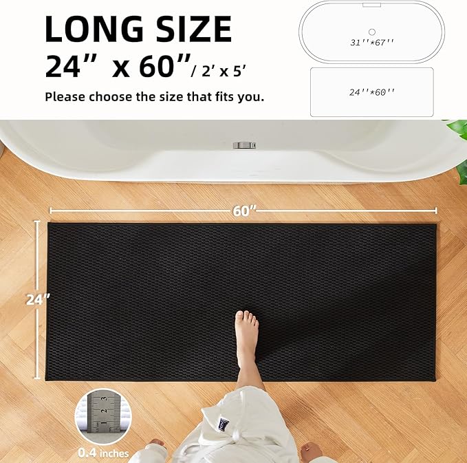 TYUU Black Bathroom Runner Rug, Long Bath Mat Washable Thin Quick Dry Low Pile Bathroom Runner Rugs 24 x 60 Non Slip, Black 24''x60''