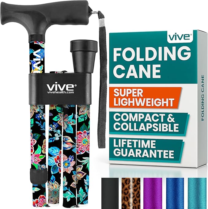Vive Folding Cane - Foldable Walking Cane for Men, Women - Fold-up, Collapsible, Lightweight, Adjustable, Portable Hand Walking Stick - Balancing Mobility Aid - Sleek, Comfortable (Neon Flower)