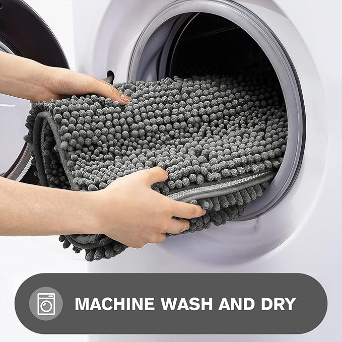 Gray Bathroom Rugs – Absorbent and Washable Bath Mat, Non-Slip, Thick Soft Chenille Bath Rugs for Bathroom Floor, Shower, Sink - 26" x 44"