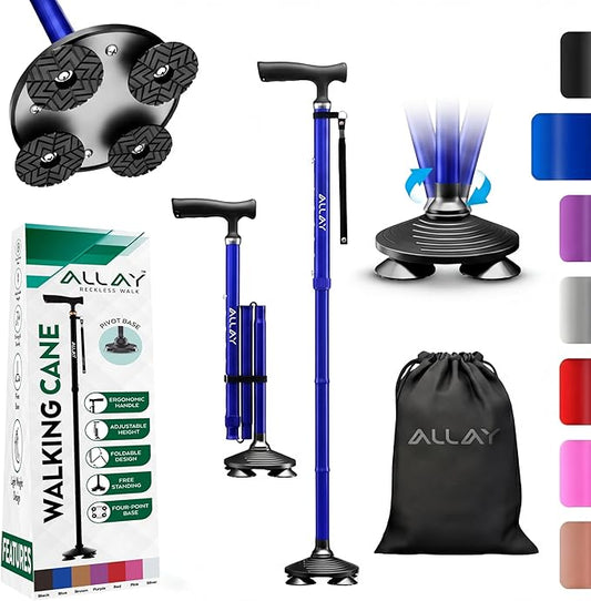 Allay Walking Canes for Men & Women - Adjustable Canes for Women for Stability, Self Standing Wide Quad Pivot Base, Light Weight, Soft Handle Grip and Travel Bag, Walking Sticks for Seniors & Adults