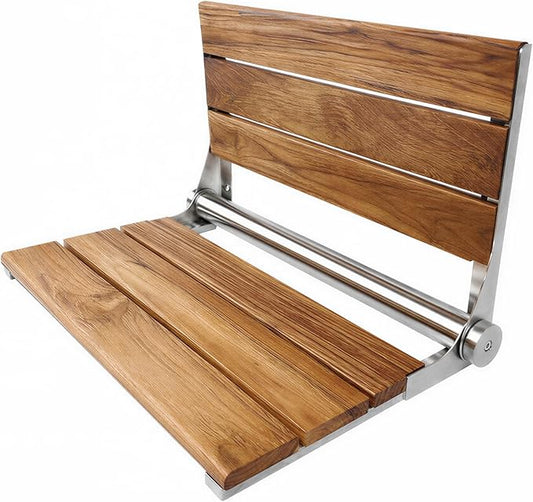 Teak Shower Seat Bench with Back - Wall Mounted Fold Up Shower Seat, Waterproof Folding Teak Bath Chair for Seniors, 304 Stainless Steel Frame, with 300 lbs Capacity - 24" Length, Polished