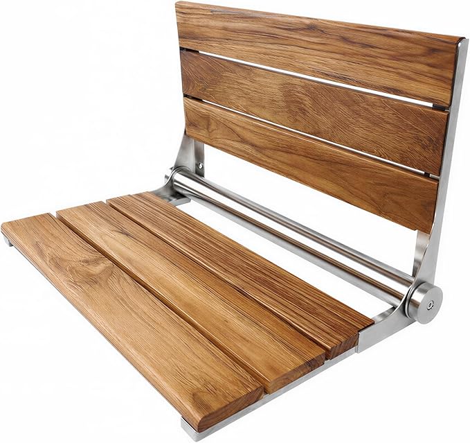 Teak Shower Seat Bench with Back - Wall Mounted Fold Up Shower Seat, Waterproof Folding Teak Bath Chair for Seniors, 304 Stainless Steel Frame, with 300 lbs Capacity - 18" Length, Polished