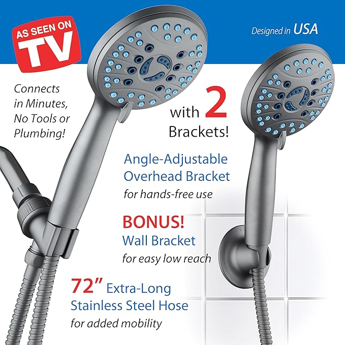 AquaCare High Pressure 8-mode Handheld Shower Head - Anti-clog Nozzles, Built-in Power Wash to Clean Tub, Tile & Pets, Extra Long 6 ft. Stainless Steel Hose, Wall & Overhead Brackets