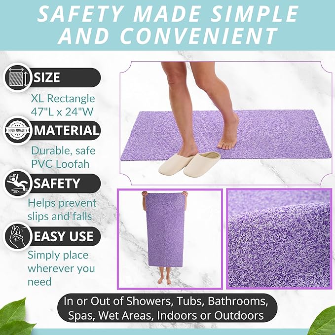 Soft Shower Mat Non Slip - PVC Loofah Inside or Outside Showers, Bathtubs, Bathrooms, and Wet Areas - Safe for Textured Tiled and Smooth Floor - No Suction Cups Secure Anti Slip (Purple Mix 24 x 47)
