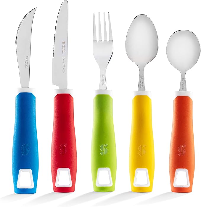 Special Supplies Adaptive Utensils (5-Piece Kitchen Set) Wide, Non-Weighted, Non-Slip Handles for Hand Tremors, Arthritis, Parkinson’s or Elderly Use - Stainless Steel Knives, Fork, Spoons