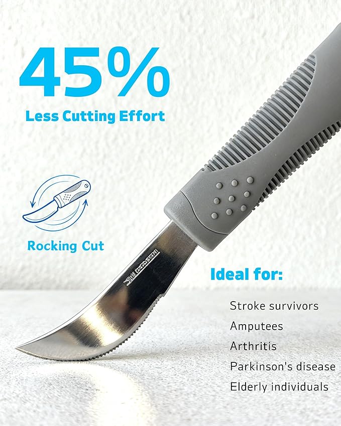 Adaptive Utensils 4-Piece Set | Weighted Silverware for Hand Tremors & Parkinson's | 42° Angled Rocker Knife & Shovel Spoon | 140g Weighted Utensils for Arthritis, Elderly (Grey,