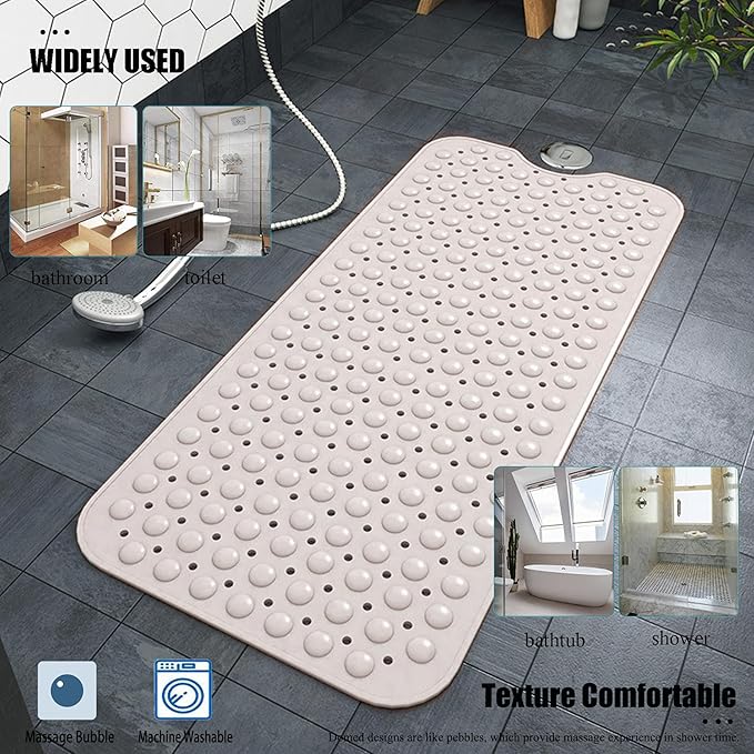 Bathtub and Shower Mats, Extra Long Non-Slip Bath Mat 39 x 16 Inch, Machine Washable Bath Tub Mat with Suction Cups & Drain Holes for Bathroom, Beige