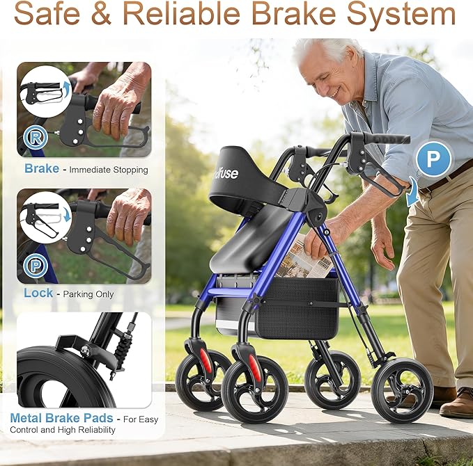 SOUNDFUSE Walkers for Seniors, Rollator Walker with Seat, 8" All Terrain Wheels, Double Support Bar, 16" Ergonomic Arc Seat and Comfortable Backrest, Dual Height Adjustable and Foldable Design