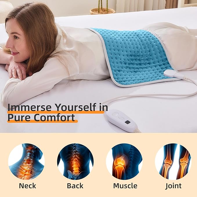 RAINOVA Heating Pad for Back/Shoulder/Feet/Pets, 12''x24'' Electric Pad with Auto Shut Off, Heated Pad for Cramps Relief, Heat Pad 6 Heat Settings, Christmas Gifts for Women, Men, Mom, Dad(Blue)